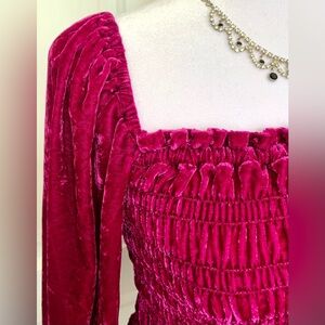 Anthropologie Square Neck Princess Sleeve Smocked Bodice Velvety Top - Magenta